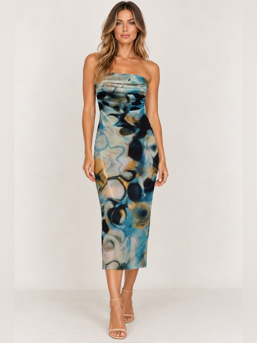 Zara Abstract Print Strapless Ruched Midi Dress Medium